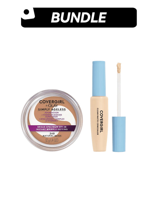 CoverGirl [Makeup Bundle]Simply Ageless Instant Wrinkle Defying Foundation+Clean Matte Oil-Free Concealer 115/120 Light 0.4oz/12g+0.32oz/9ml