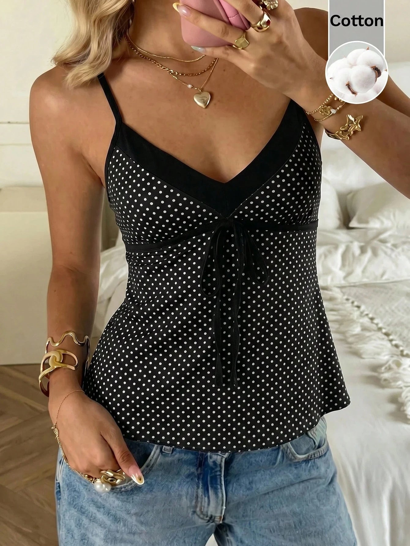 CovetEZ 100 Cotton Women's Contrast Black And White Polka Dot Print Tie Strap Camisole Vacation Summer Cute