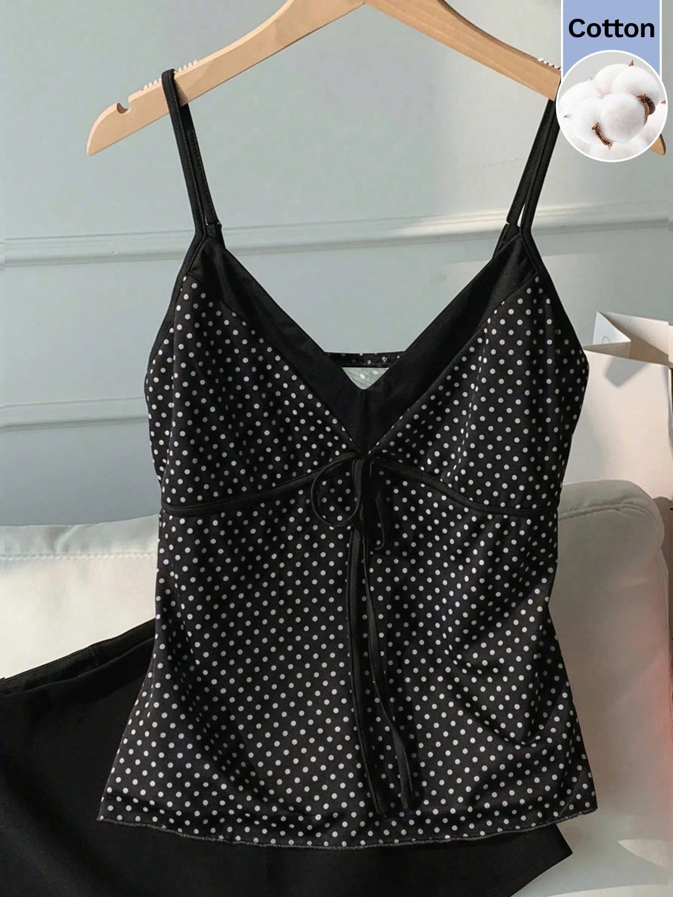 CovetEZ 100 Cotton Women's Contrast Black And White Polka Dot Print Tie Strap Camisole Vacation Summer Cute