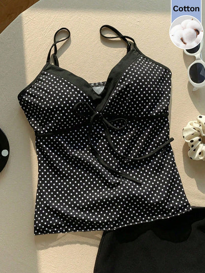 CovetEZ 100 Cotton Women's Contrast Black And White Polka Dot Print Tie Strap Camisole Vacation Summer Cute