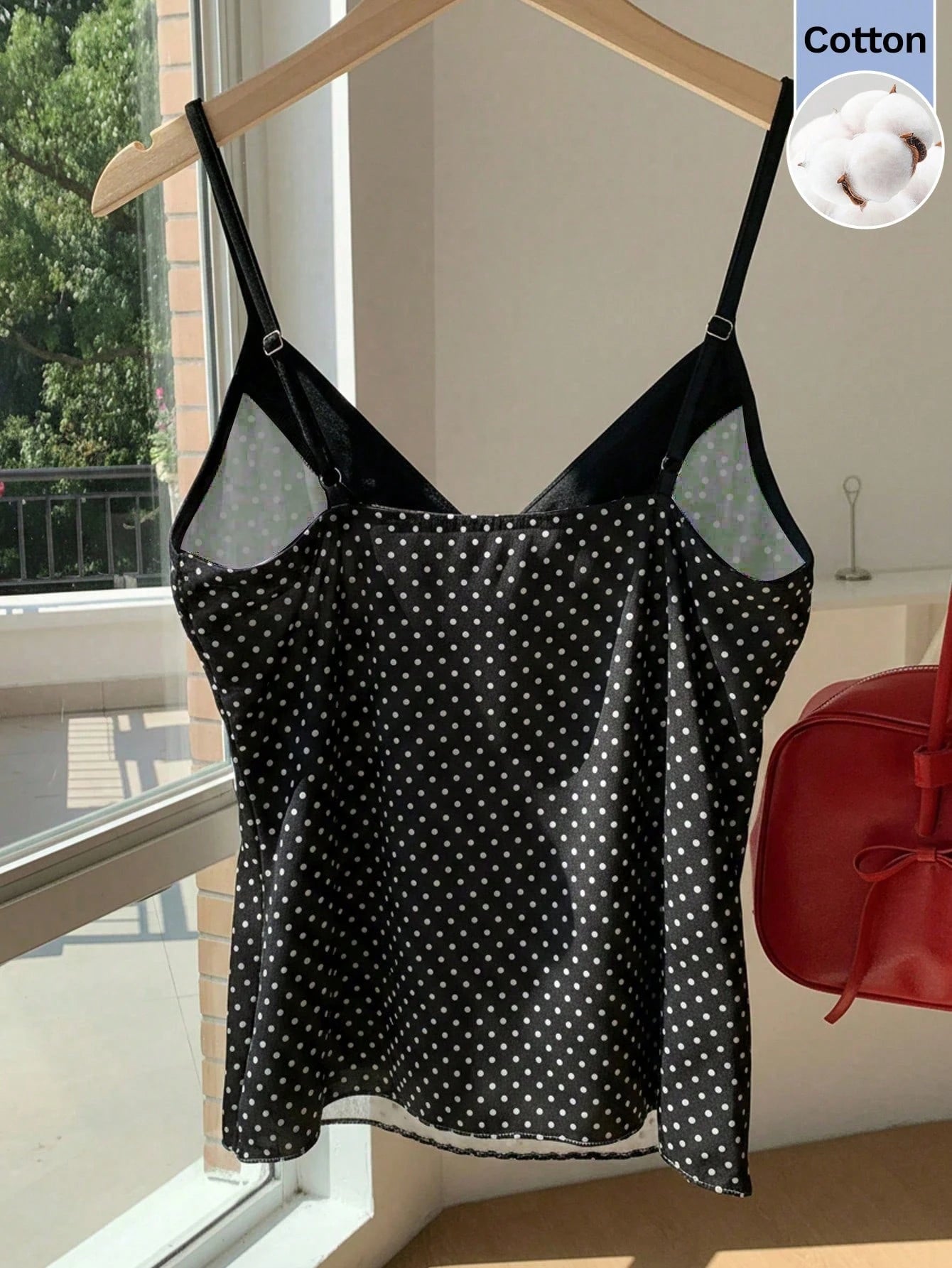 CovetEZ 100 Cotton Women's Contrast Black And White Polka Dot Print Tie Strap Camisole Vacation Summer Cute
