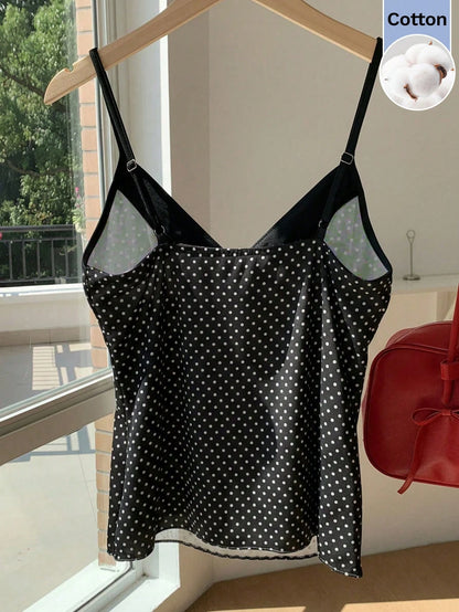 CovetEZ 100 Cotton Women's Contrast Black And White Polka Dot Print Tie Strap Camisole Vacation Summer Cute