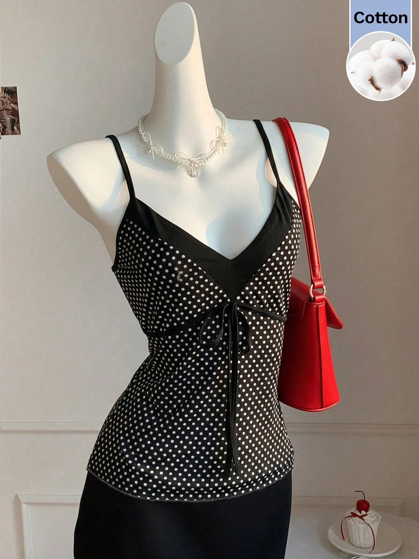 CovetEZ 100 Cotton Women's Contrast Black And White Polka Dot Print Tie Strap Camisole Vacation Summer Cute