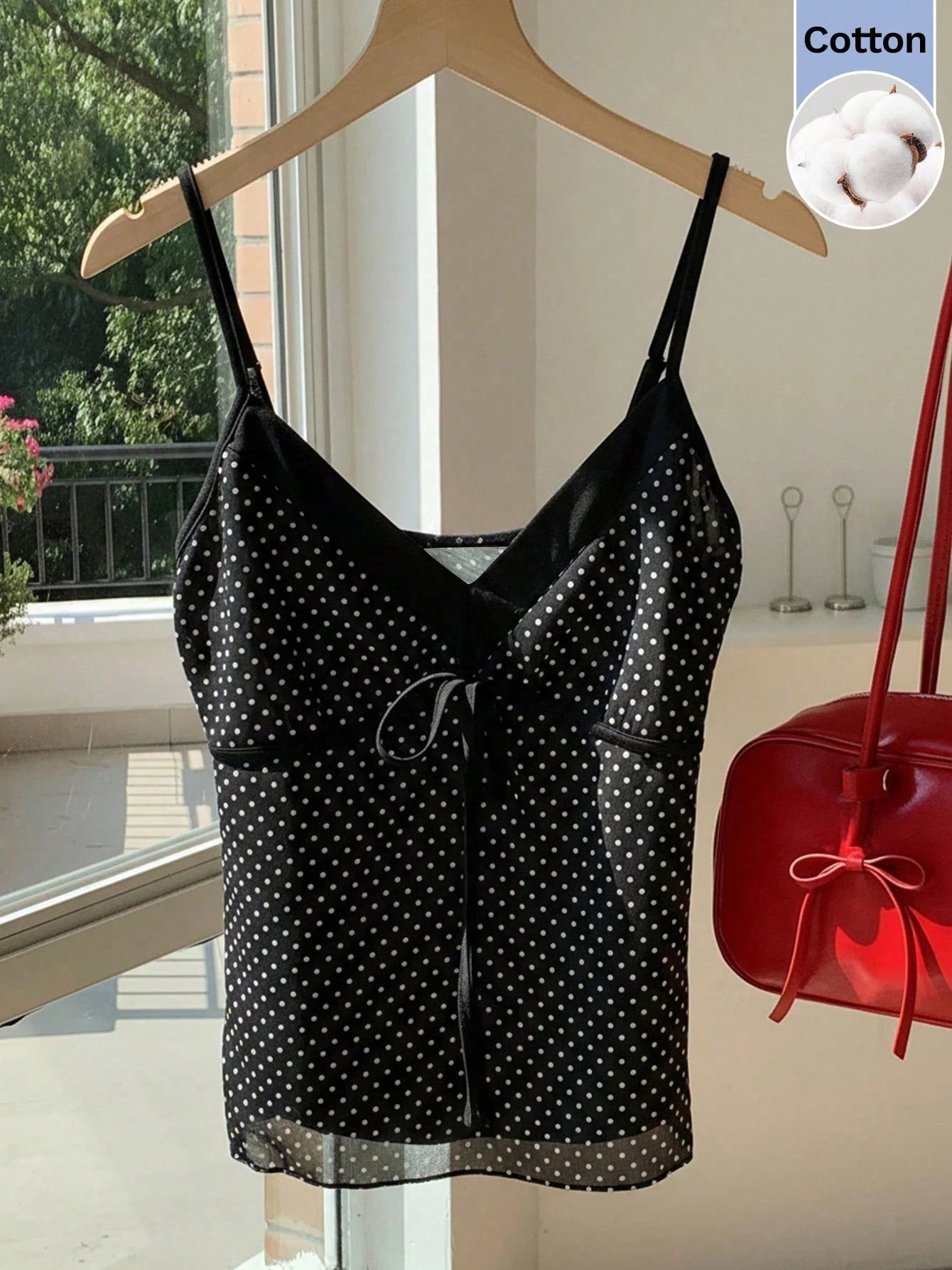 CovetEZ 100 Cotton Women's Contrast Black And White Polka Dot Print Tie Strap Camisole Vacation Summer Cute