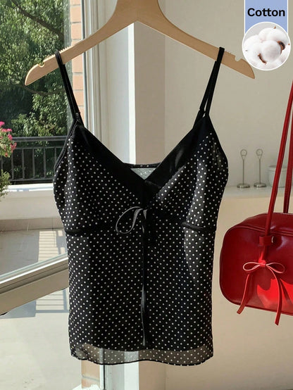 CovetEZ 100 Cotton Women's Contrast Black And White Polka Dot Print Tie Strap Camisole Vacation Summer Cute
