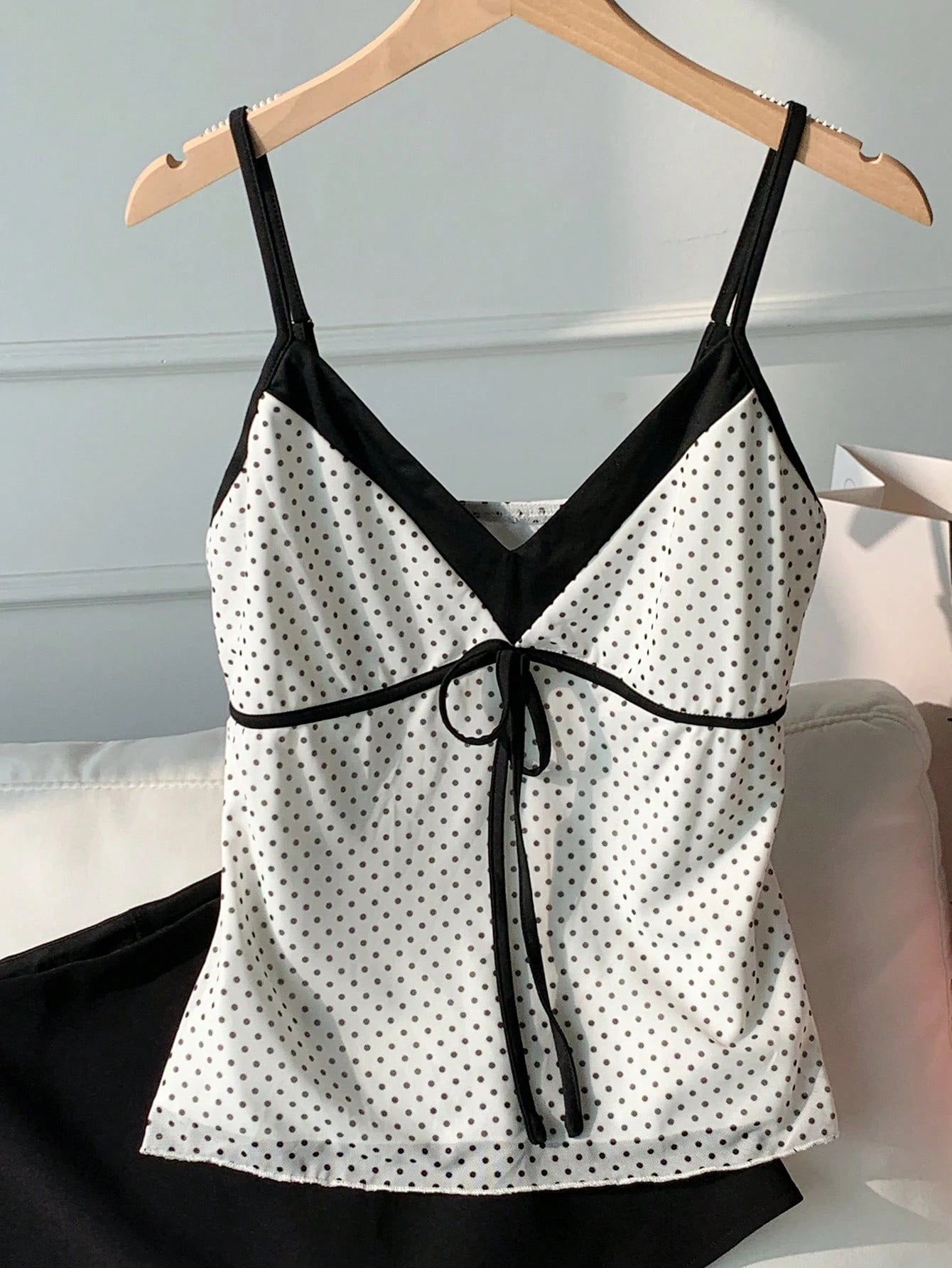CovetEZ 100 Cotton Women's Contrast Black And White Polka Dot Print Tie Strap Camisole Vacation Summer Cute