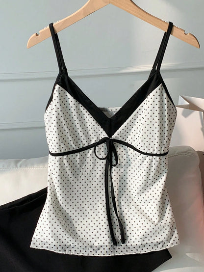 CovetEZ 100 Cotton Women's Contrast Black And White Polka Dot Print Tie Strap Camisole Vacation Summer Cute