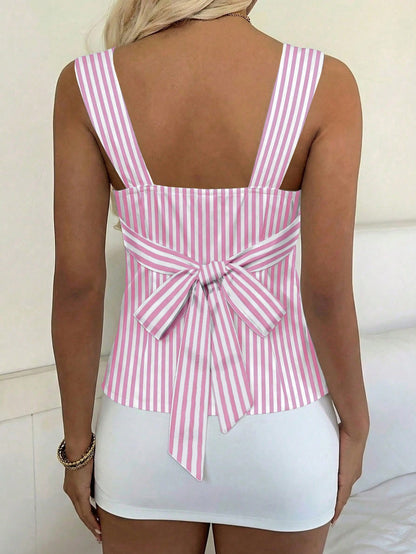 CovetEZ 2026 New Women's Sweet Casual Party Shiny Satin Pink Polka Dot Contrast Color Splice Open Back Tie Camisole,Summer Top