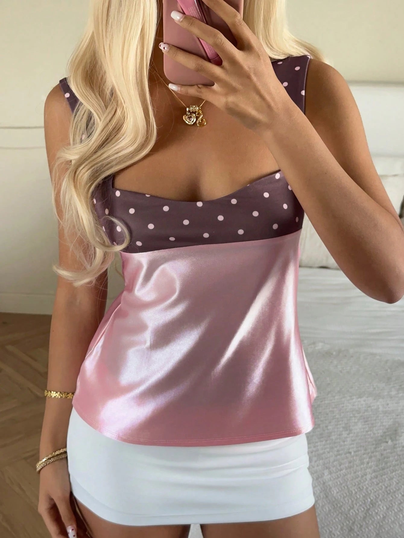 CovetEZ 2026 New Women's Sweet Casual Party Shiny Satin Pink Polka Dot Contrast Color Splice Open Back Tie Camisole,Summer Top