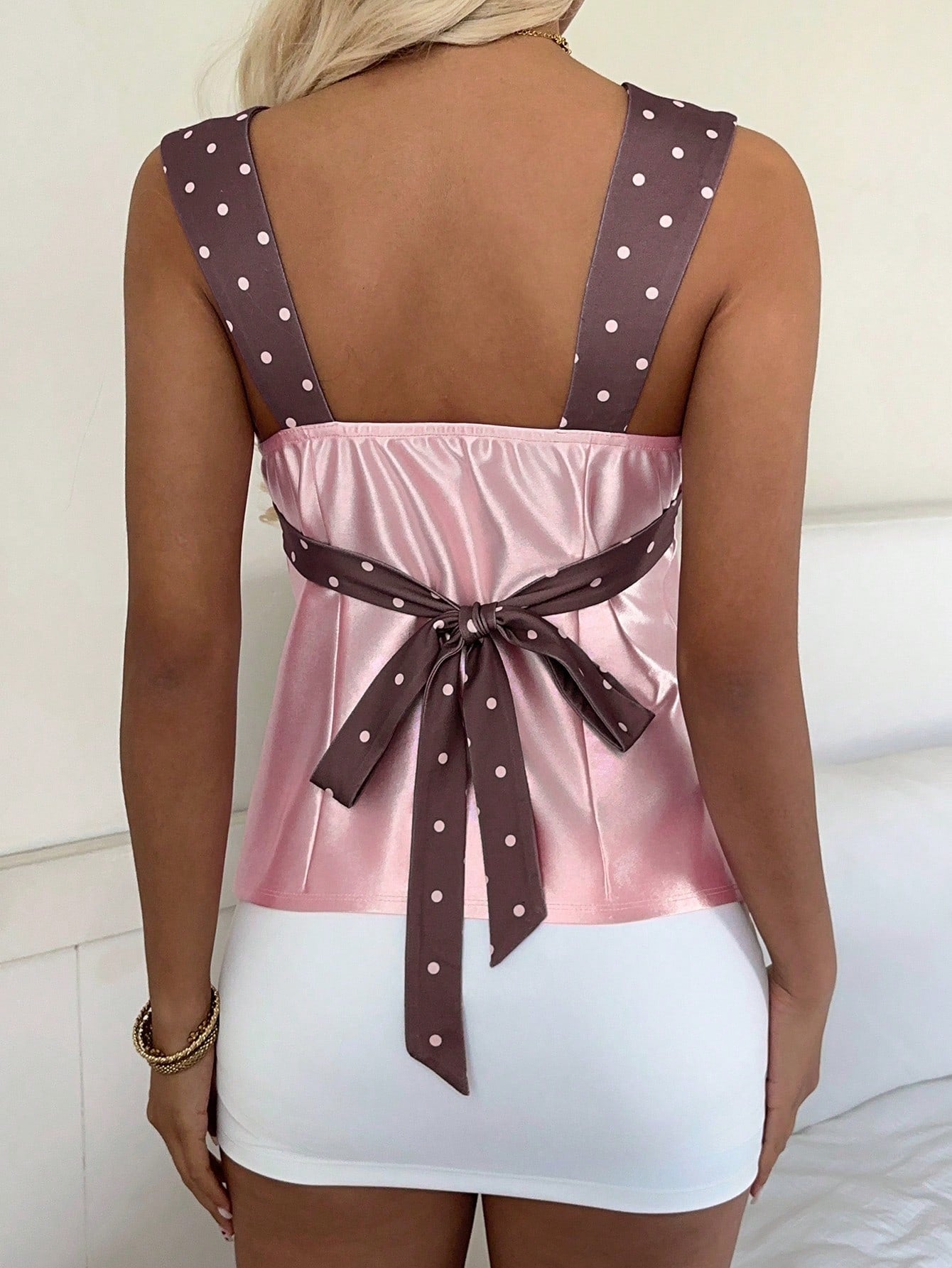 CovetEZ 2026 New Women's Sweet Casual Party Shiny Satin Pink Polka Dot Contrast Color Splice Open Back Tie Camisole,Summer Top