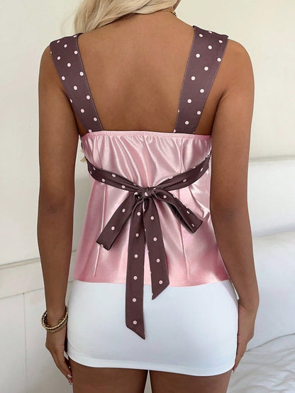 CovetEZ 2026 New Women's Sweet Casual Party Shiny Satin Pink Polka Dot Contrast Color Splice Open Back Tie Camisole,Summer Top
