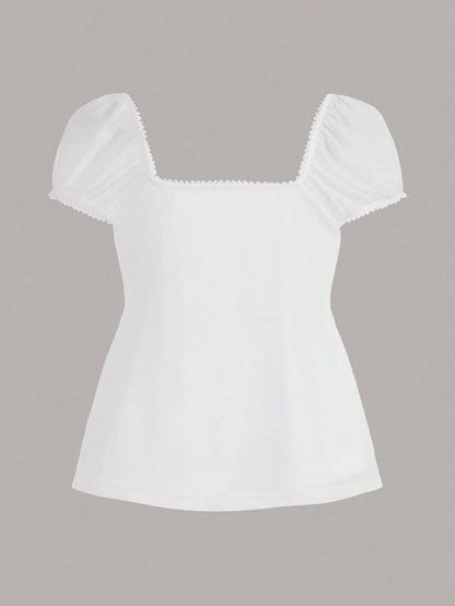 CovetEZ Summer Outfits Square Neck Puff Sleeve Tie Front Tee
