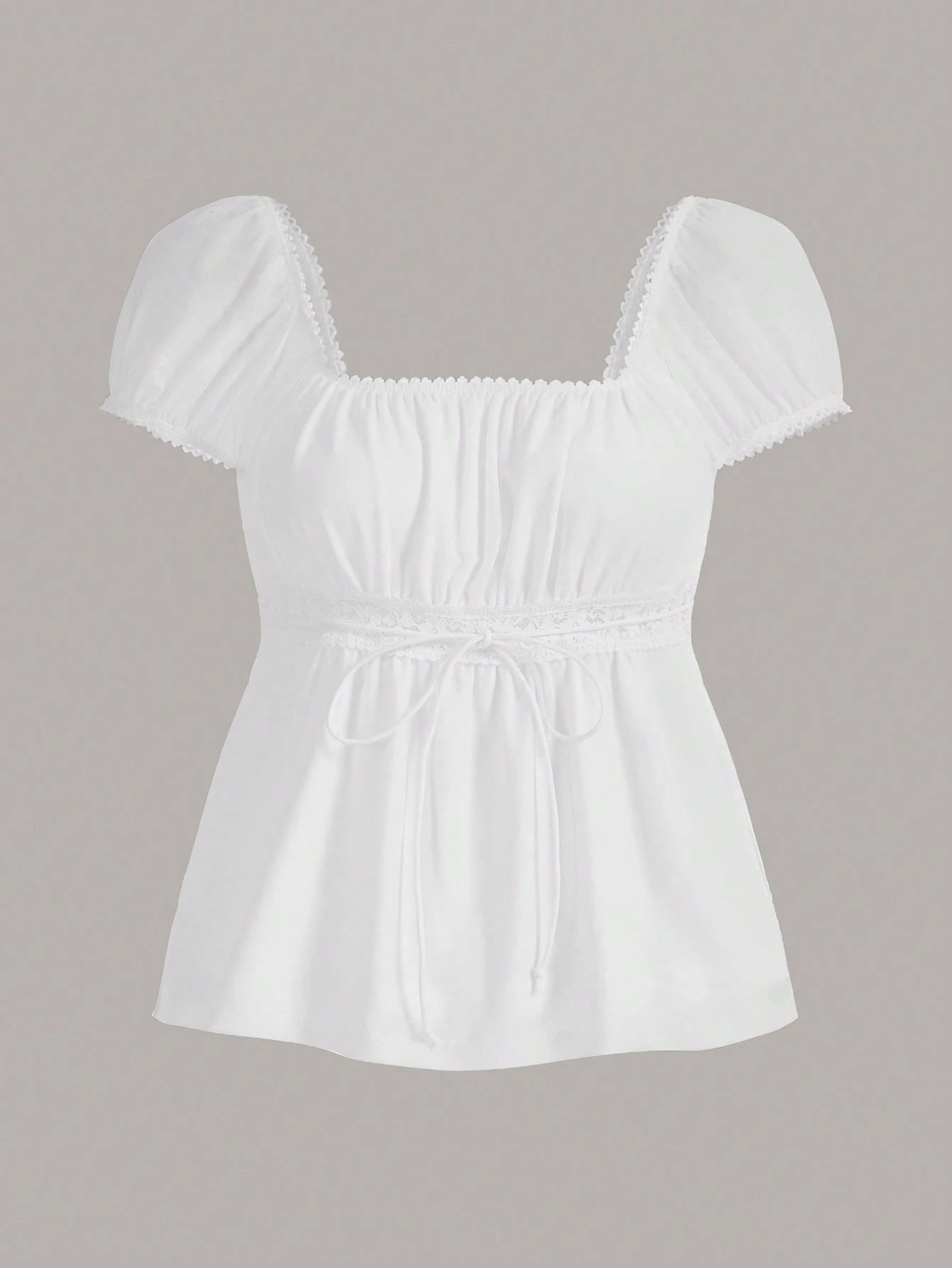 CovetEZ Summer Outfits Square Neck Puff Sleeve Tie Front Tee