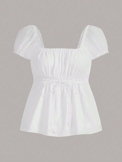 CovetEZ Summer Outfits Square Neck Puff Sleeve Tie Front Tee