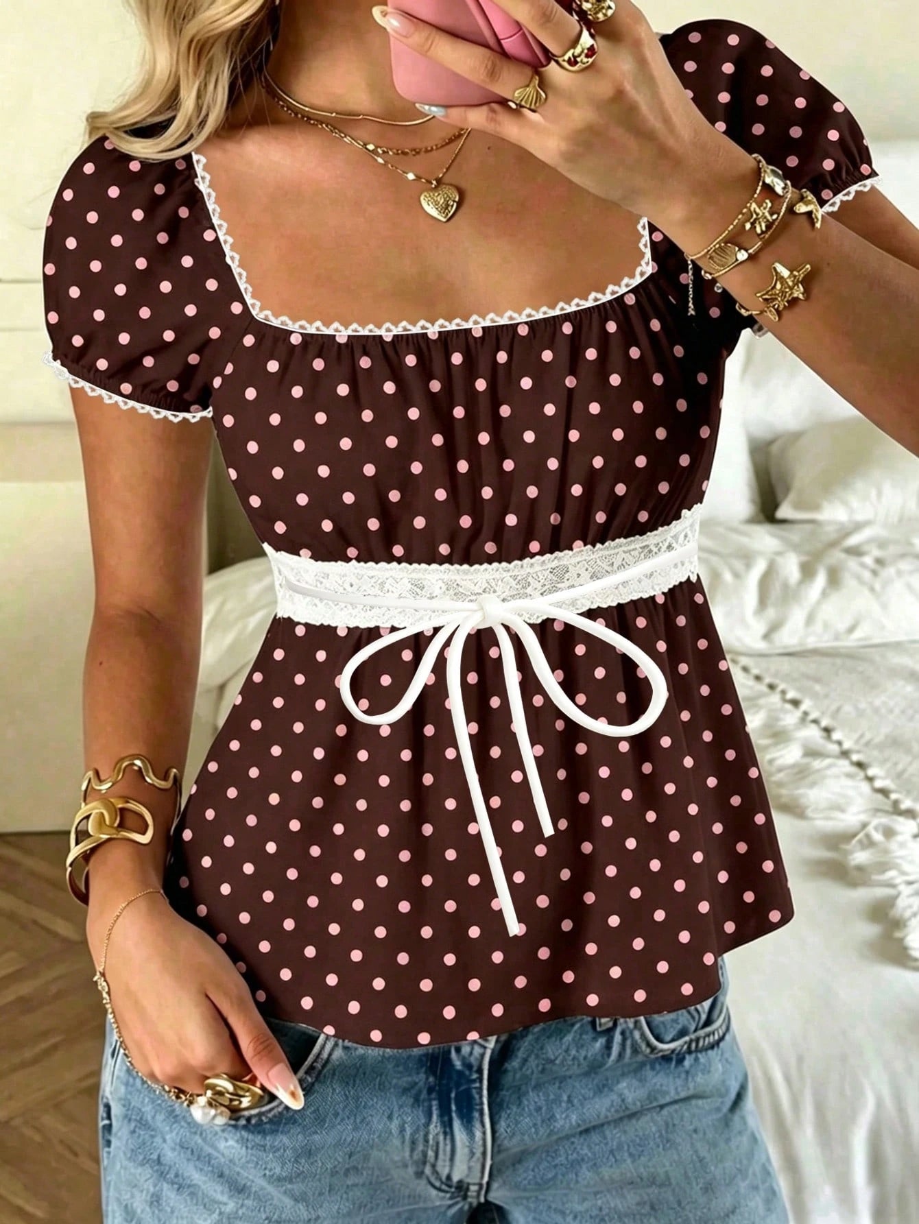 CovetEZ Summer Outfits Square Neck Puff Sleeve Tie Front Tee