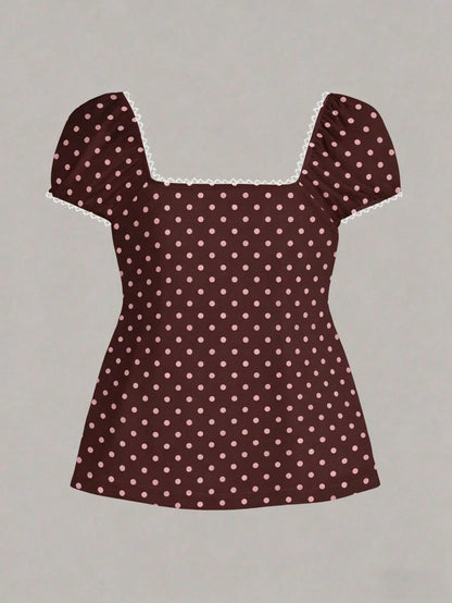 CovetEZ Summer Outfits Square Neck Puff Sleeve Tie Front Tee