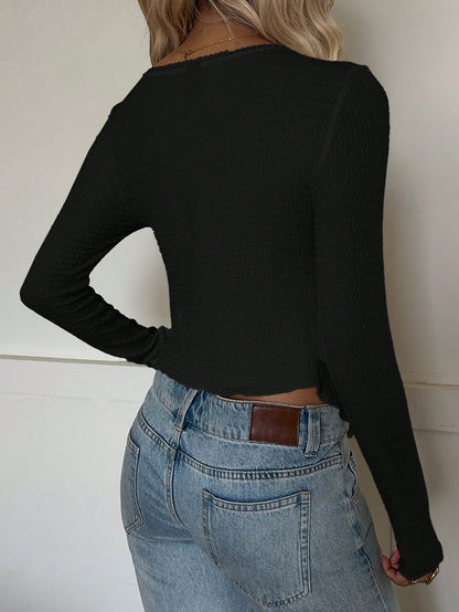 CovetEZ Women's Black Sweetheart Neck Long Sleeve T-Shirt, Spring/Summer V-Neck Black Top Black Long Sleeve Top Peplum Black Top Fitted Black Top Cute Top