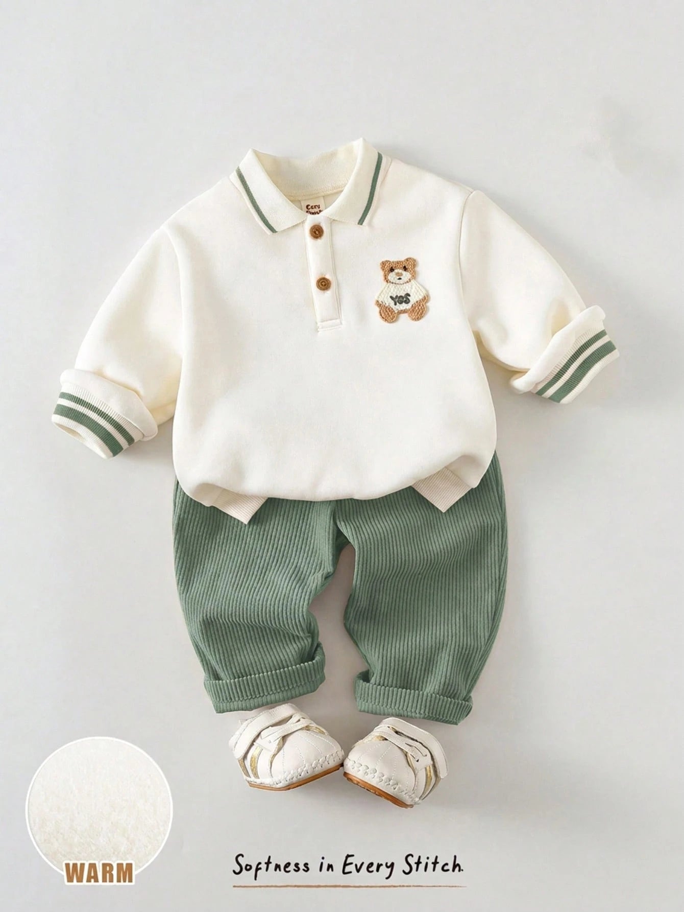 Cozy Pixies Baby Boy Cartoon Bear Pattern Knitted Soft Crew Neck Long Sleeve Pullover Sweatshirt And Elastic Waist Long Winter Pants 2-Piece Set