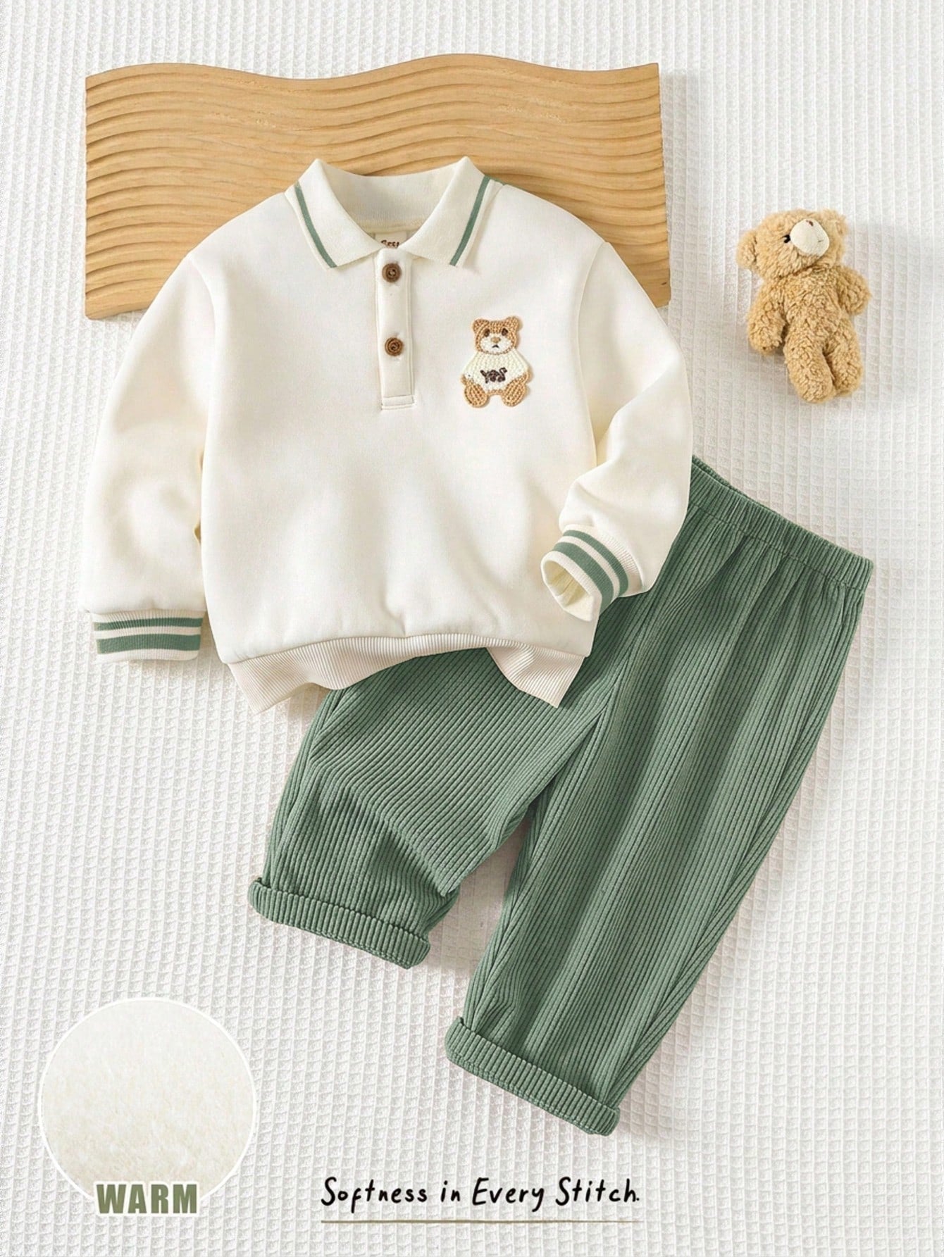 Cozy Pixies Baby Boy Cartoon Bear Pattern Knitted Soft Crew Neck Long Sleeve Pullover Sweatshirt And Elastic Waist Long Winter Pants 2-Piece Set