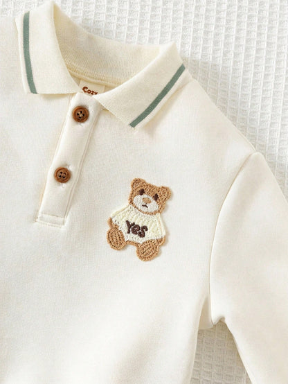 Cozy Pixies Baby Boy Cartoon Bear Pattern Knitted Soft Crew Neck Long Sleeve Pullover Sweatshirt And Elastic Waist Long Winter Pants 2-Piece Set