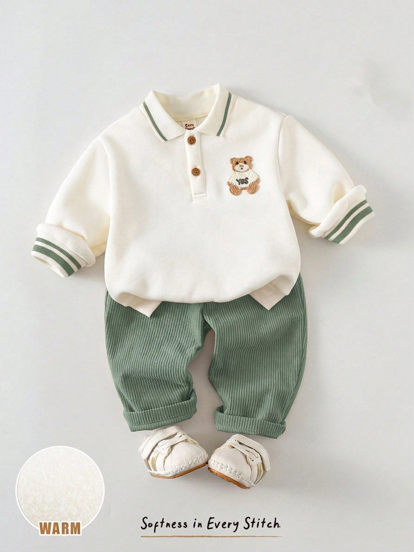Cozy Pixies Baby Boy Cartoon Bear Pattern Knitted Soft Crew Neck Long Sleeve Pullover Sweatshirt And Elastic Waist Long Winter Pants 2-Piece Set