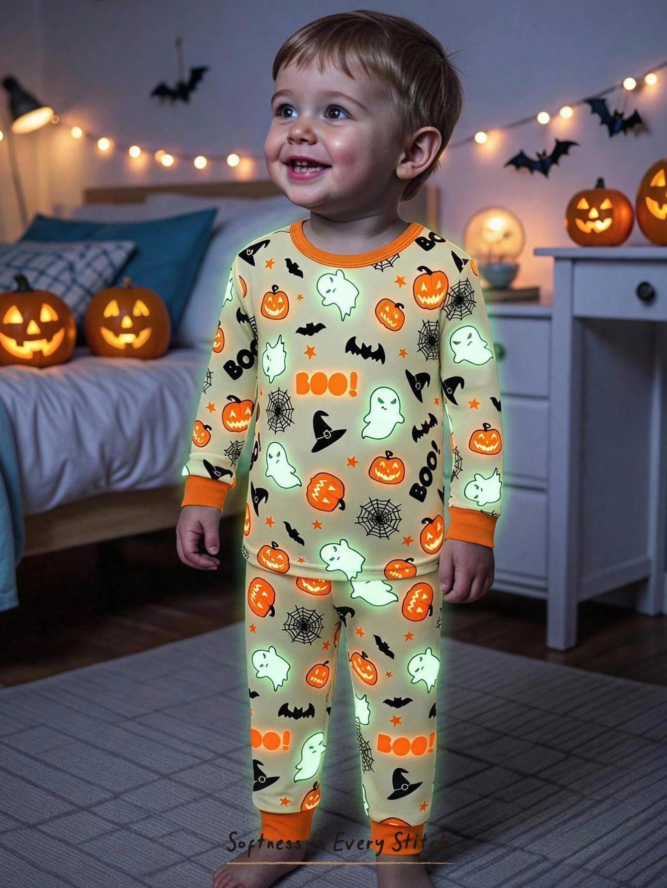 Cozy Pixies Baby Boy Snug Fit Pajama Set, Cartoon Pumpkin Halloween Ghost Glow-In-The-Dark Pattern, Soft Knit Crew Neck Long Sleeve Pullover Top And Elastic Waist Long Pants