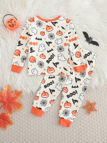 Cozy Pixies Baby Boy Snug Fit Pajama Set, Cartoon Pumpkin Halloween Ghost Glow-In-The-Dark Pattern, Soft Knit Crew Neck Long Sleeve Pullover Top And Elastic Waist Long Pants