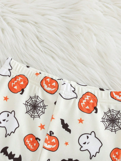 Cozy Pixies Baby Boy Snug Fit Pajama Set, Cartoon Pumpkin Halloween Ghost Glow-In-The-Dark Pattern, Soft Knit Crew Neck Long Sleeve Pullover Top And Elastic Waist Long Pants