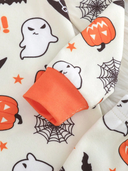 Cozy Pixies Baby Boy Snug Fit Pajama Set, Cartoon Pumpkin Halloween Ghost Glow-In-The-Dark Pattern, Soft Knit Crew Neck Long Sleeve Pullover Top And Elastic Waist Long Pants