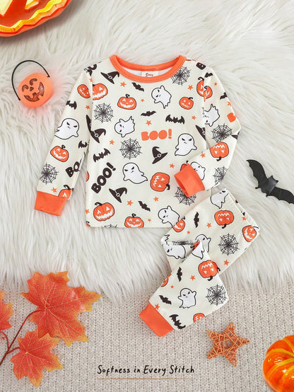 Cozy Pixies Baby Boy Snug Fit Pajama Set, Cartoon Pumpkin Halloween Ghost Glow-In-The-Dark Pattern, Soft Knit Crew Neck Long Sleeve Pullover Top And Elastic Waist Long Pants