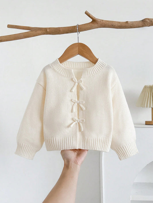 Cozy Pixies Baby Girl Knitted Autumn Cardigan, Bow Decor, Cute Casual, Soft Comfortable Versatile, Suitable For Home, Party, Vacation Occasions, Apricot Color