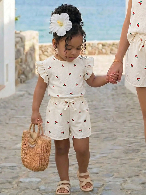 Cozy Pixies Baby Girl Summer Soft Comfortable Textured Ruffle Short Sleeve Top & Elastic Waist Shorts Casual Vacation 2-Piece Set