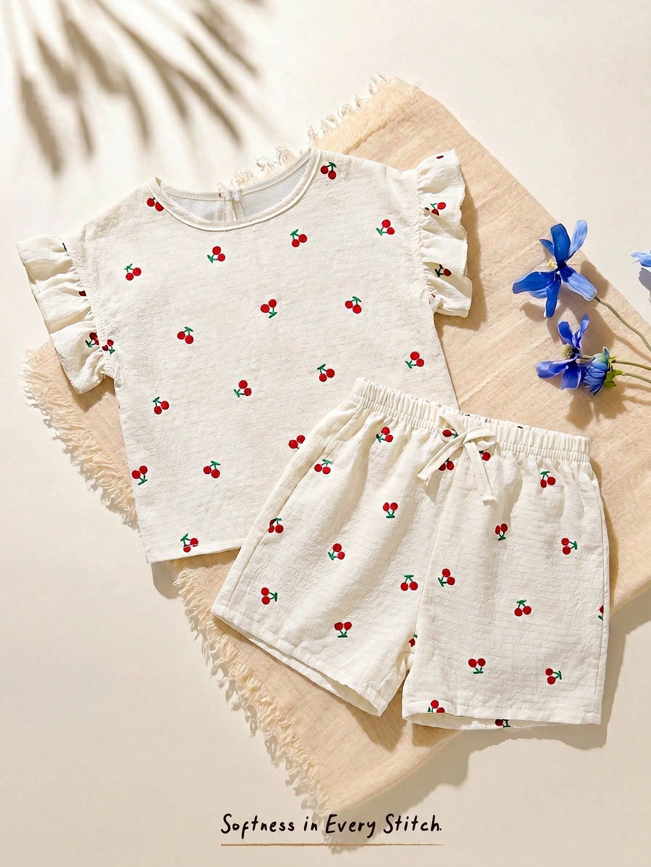 Cozy Pixies Baby Girl Summer Soft Comfortable Textured Ruffle Short Sleeve Top & Elastic Waist Shorts Casual Vacation 2-Piece Set