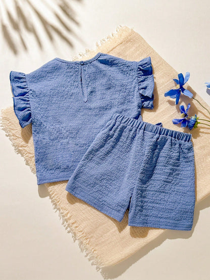Cozy Pixies Baby Girl Summer Soft Comfortable Textured Ruffle Short Sleeve Top & Elastic Waist Shorts Casual Vacation 2-Piece Set