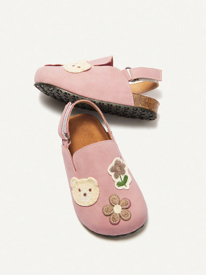 Cozy Pixies Cute Bear & Bow Princess Flat Sandals For Toddler Girls, Fashionable And Versatile, Suitable For Spring And Summer
