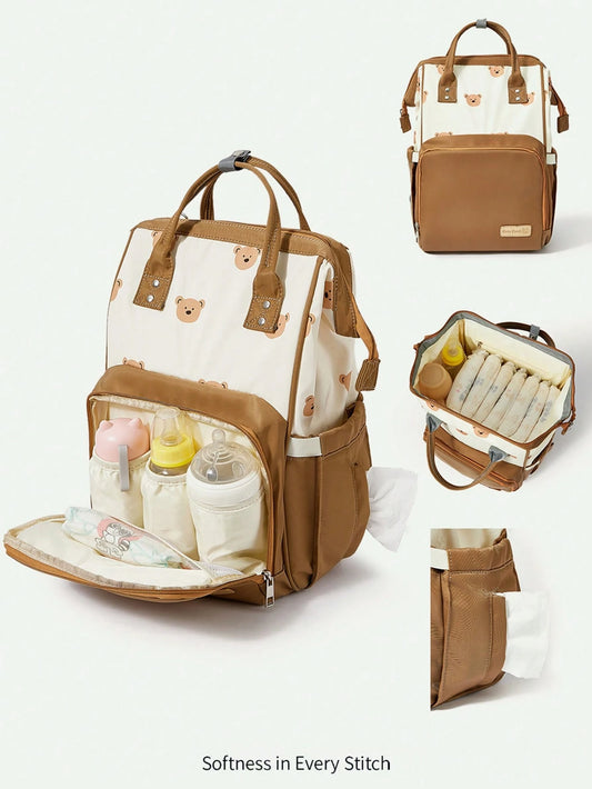 Cozy Pixies Khaki Bear Mommy Bag, Portable For Outdoor Travel, Large Capacity With Insulated Layer, Can Hold Baby Bottles, Multi-Functional Diaper Bag