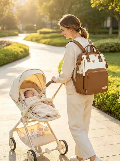 Cozy Pixies Khaki Bear Mommy Bag, Portable For Outdoor Travel, Large Capacity With Insulated Layer, Can Hold Baby Bottles, Multi-Functional Diaper Bag