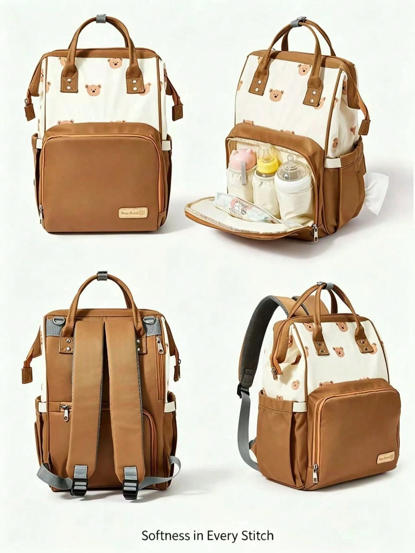 Cozy Pixies Khaki Bear Mommy Bag, Portable For Outdoor Travel, Large Capacity With Insulated Layer, Can Hold Baby Bottles, Multi-Functional Diaper Bag