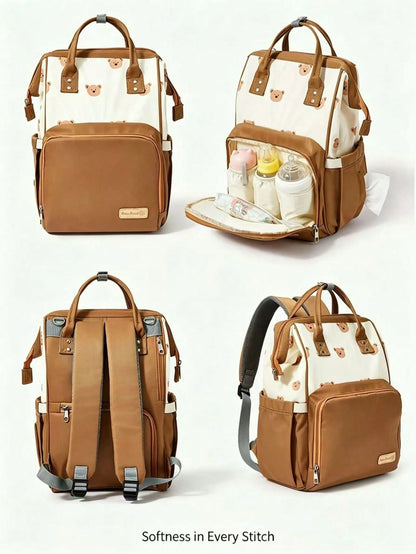 Cozy Pixies Khaki Bear Mommy Bag, Portable For Outdoor Travel, Large Capacity With Insulated Layer, Can Hold Baby Bottles, Multi-Functional Diaper Bag