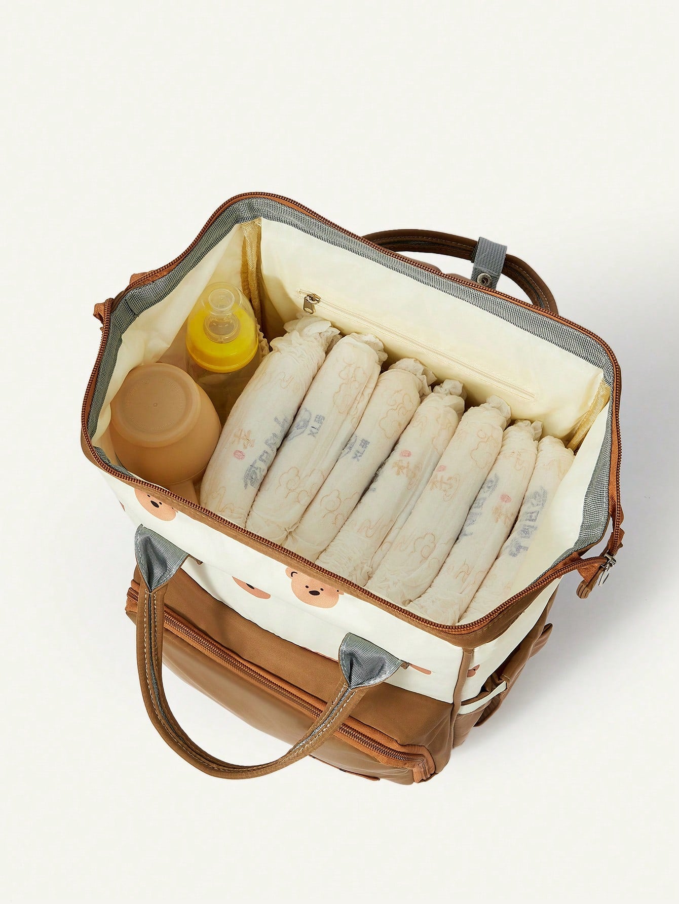 Cozy Pixies Khaki Bear Mommy Bag, Portable For Outdoor Travel, Large Capacity With Insulated Layer, Can Hold Baby Bottles, Multi-Functional Diaper Bag