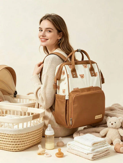 Cozy Pixies Khaki Bear Mommy Bag, Portable For Outdoor Travel, Large Capacity With Insulated Layer, Can Hold Baby Bottles, Multi-Functional Diaper Bag