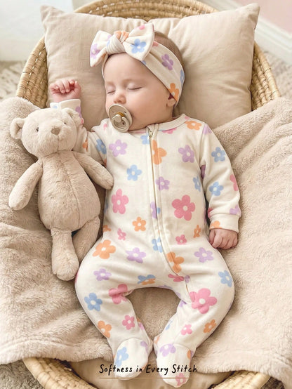 Cozy Pixies Newborn Baby Girl Floral Pattern Knit Soft Round Neck Long Sleeve Romper With Pants