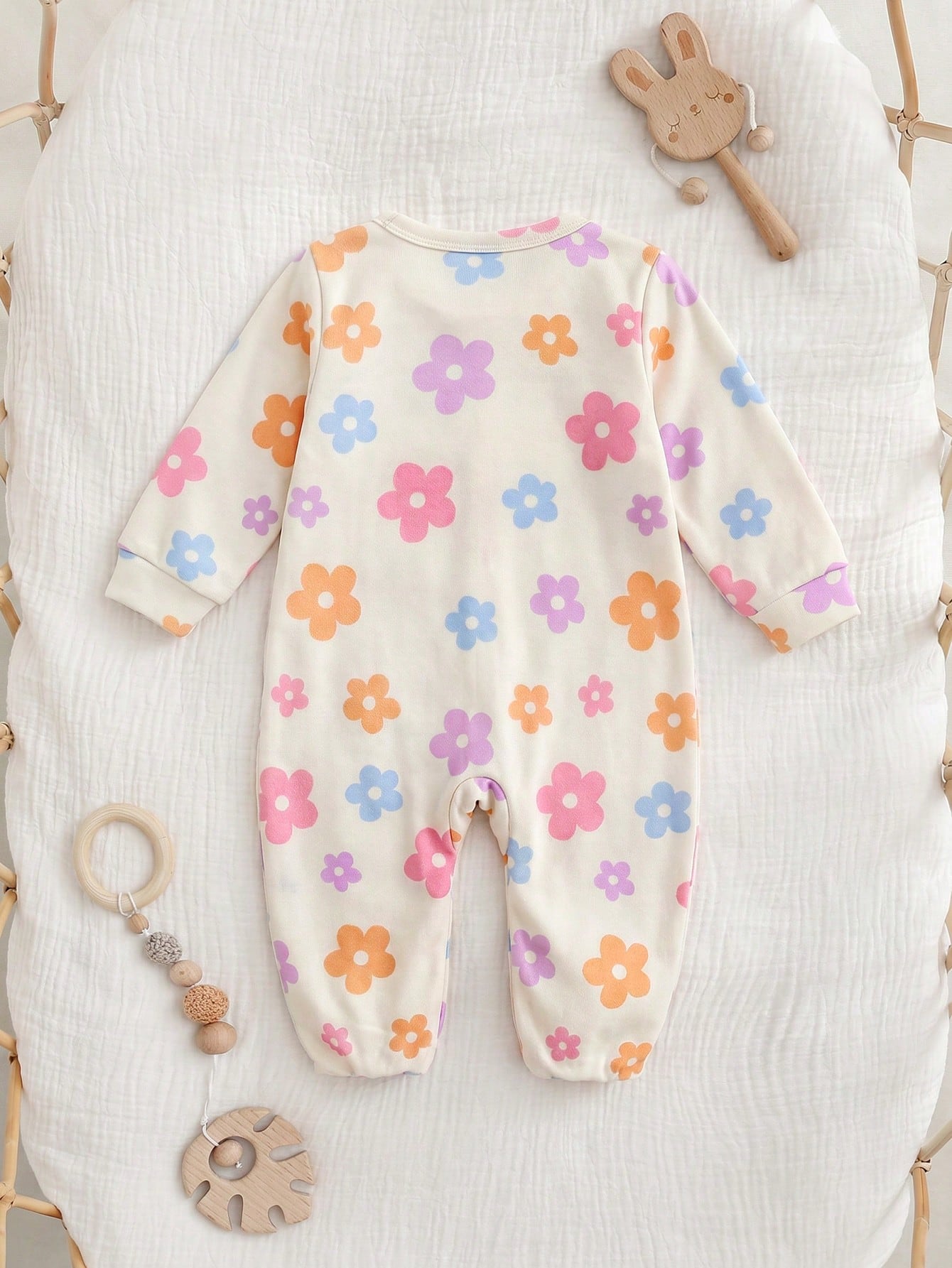 Cozy Pixies Newborn Baby Girl Floral Pattern Knit Soft Round Neck Long Sleeve Romper With Pants