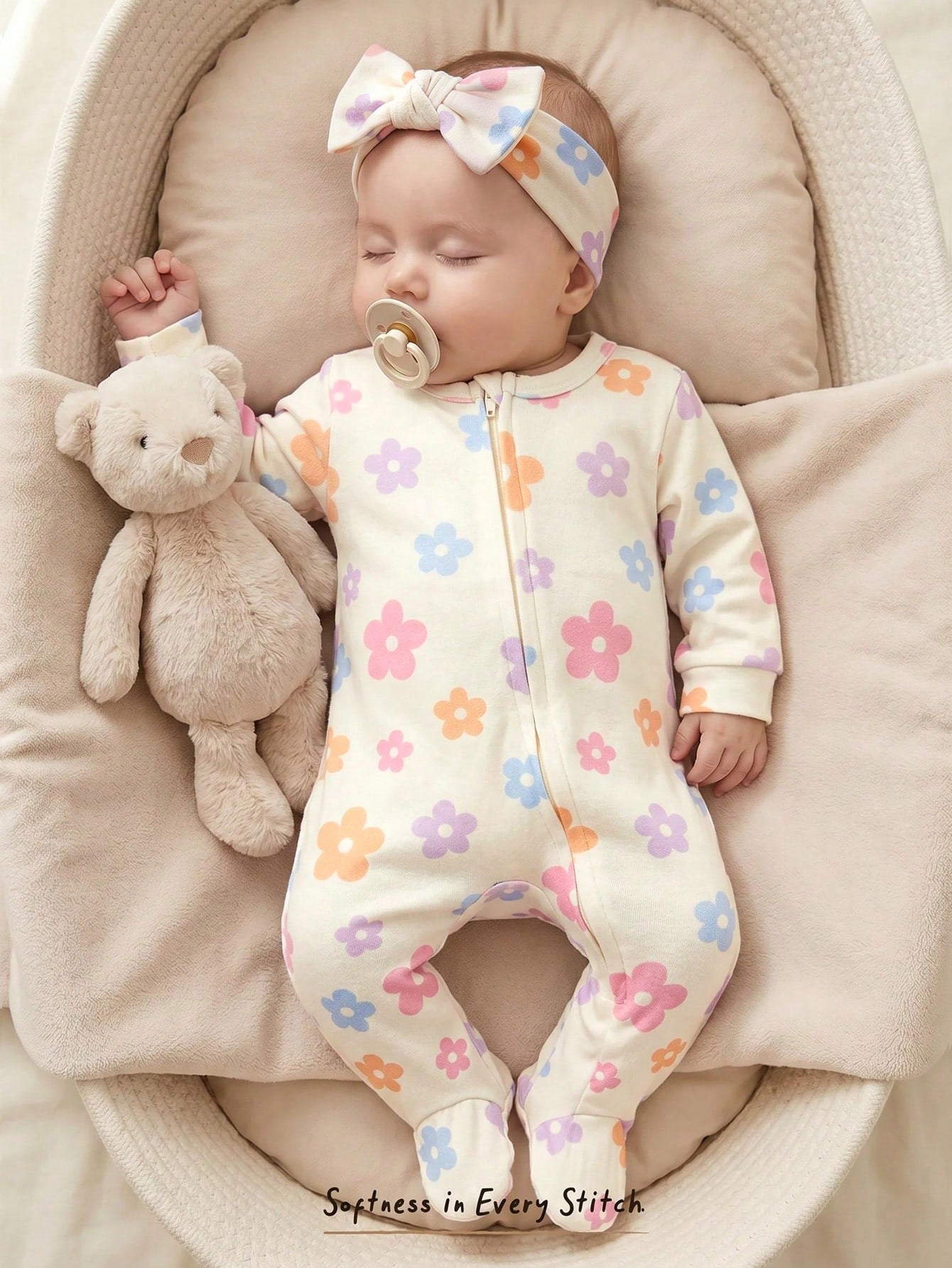 Cozy Pixies Newborn Baby Girl Floral Pattern Knit Soft Round Neck Long Sleeve Romper With Pants