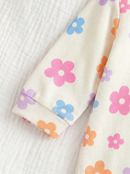 Cozy Pixies Newborn Baby Girl Floral Pattern Knit Soft Round Neck Long Sleeve Romper With Pants