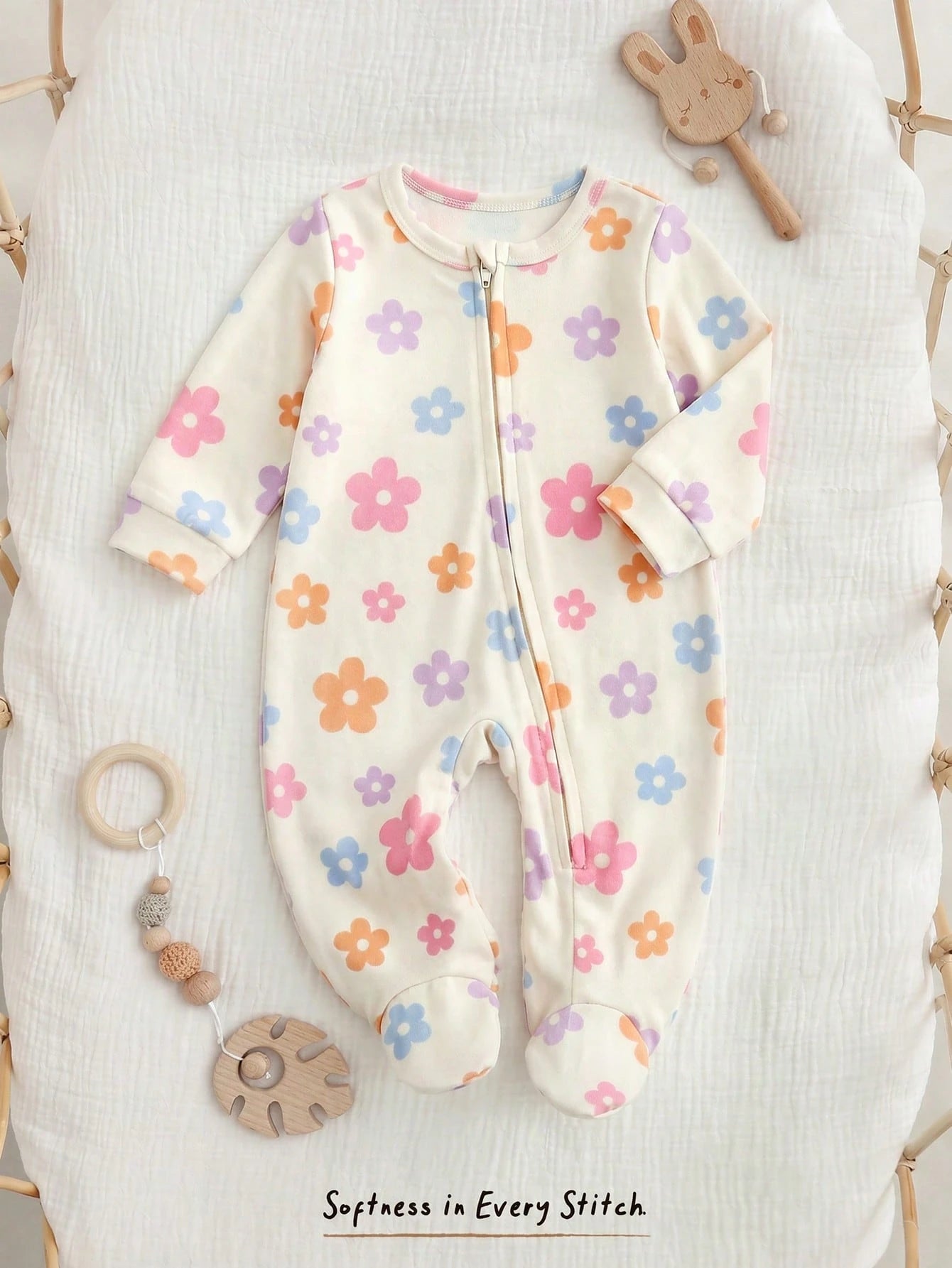 Cozy Pixies Newborn Baby Girl Floral Pattern Knit Soft Round Neck Long Sleeve Romper With Pants