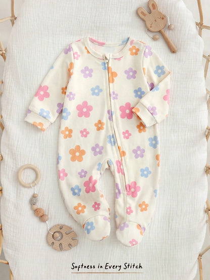 Cozy Pixies Newborn Baby Girl Floral Pattern Knit Soft Round Neck Long Sleeve Romper With Pants