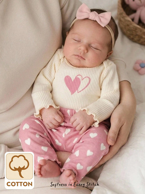 Cozy Pixies Newborn Baby Girl Heart Pattern Knit Soft Crew Neck Long Sleeve Pullover Top And Elastic Waist Pants 2-Piece Set