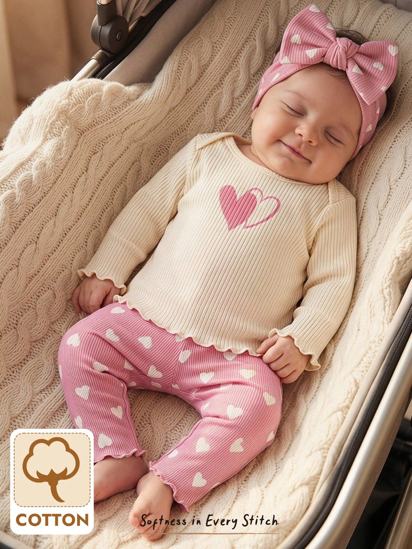 Cozy Pixies Newborn Baby Girl Heart Pattern Knit Soft Crew Neck Long Sleeve Pullover Top And Elastic Waist Pants 2-Piece Set
