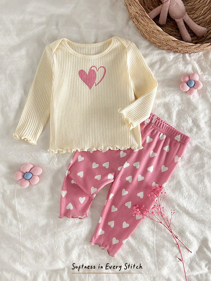 Cozy Pixies Newborn Baby Girl Heart Pattern Knit Soft Crew Neck Long Sleeve Pullover Top And Elastic Waist Pants 2-Piece Set